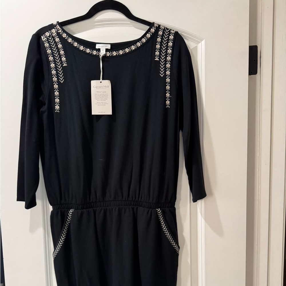 Garnet Hill Black Jersey Dress with White Embroidery